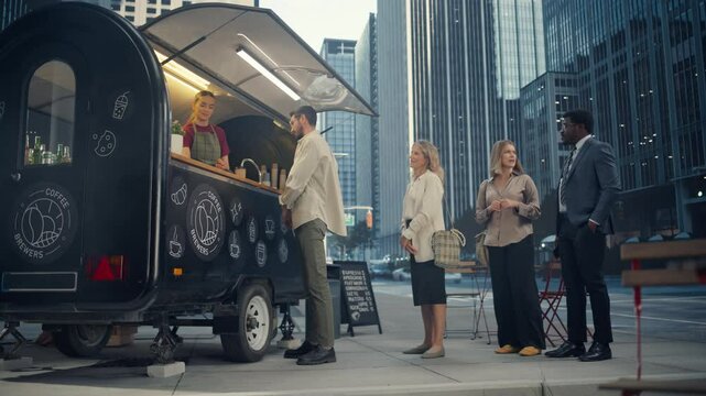 Diverse Customers Enjoy Buying Takeaway Coffee and Snacks From a Trendy Street Cafe in a Bustling City. Barista Serves Order with a Smile, Male Client Pays by Card Connected to His Smartphone
