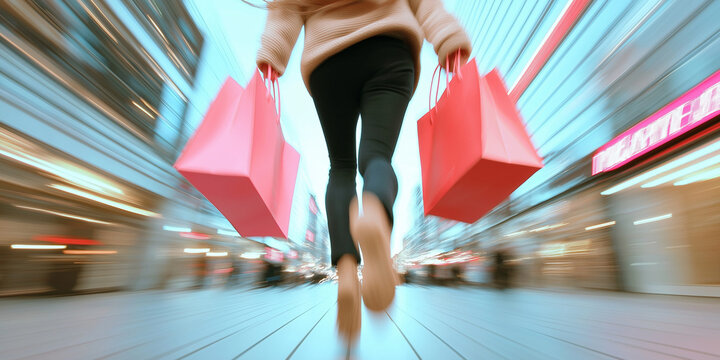 Woman running with pink shopping bags, motion blur background, Black Friday shopping frenzy concept