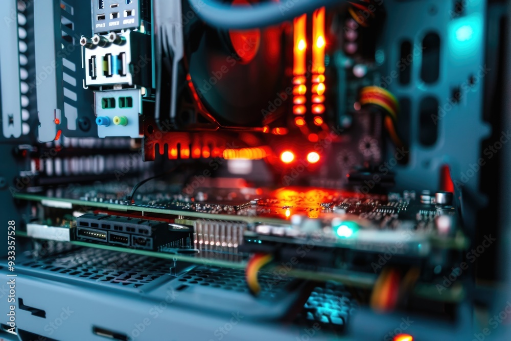 Poster a detailed view of a computer motherboard's components