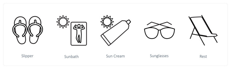 A set of 5 travel and vacation icons such as slipper, sunbath, sun cream