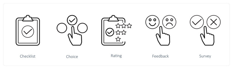 A set of 5 survey and ratings icons such as checklist, choice, rating