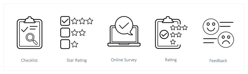 A set of 5 survey and ratings icons such as checklist, star rating