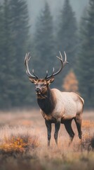 Obraz premium Majestic elk standing in a misty forest during autumn morning light
