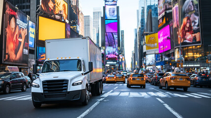 Fototapeta premium A white truck mockup driving through a vibrant cityscape with busy traffic and colorful billboards, perfect for urban marketing concepts