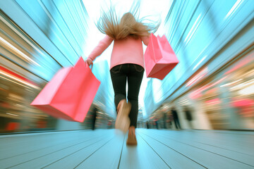 Woman running with pink shopping bags, motion blur background, retail rush and sale frenzy concept
