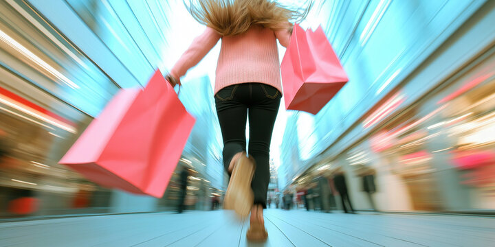 Woman running with pink shopping bags, motion blur background, retail rush and sale frenzy concept