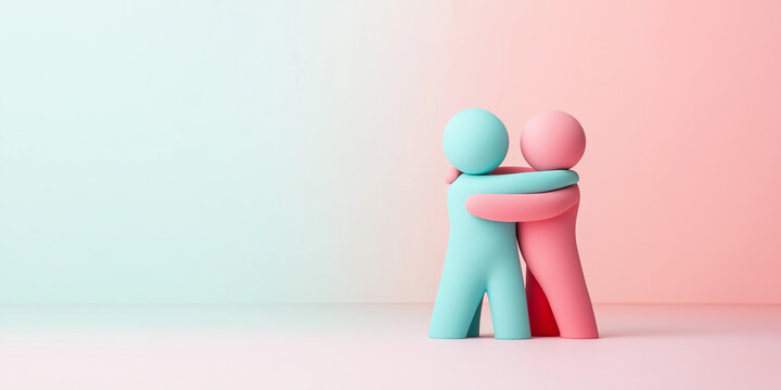 Colorful figurines embracing on solid color background, diversity and unity concept in vibrant hues - Powered by Adobe