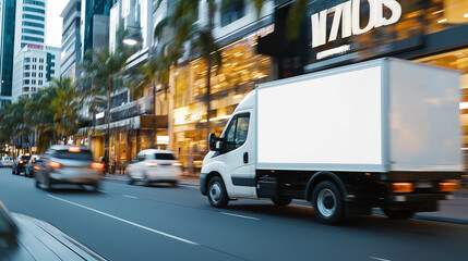 A small truck with a clean white side panel driving through a busy shopping district in the city, offering prime advertising real estate in a high-traffic area