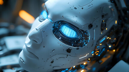 Close-up of a robotic face with a glowing blue eye, futuristic technology concept.