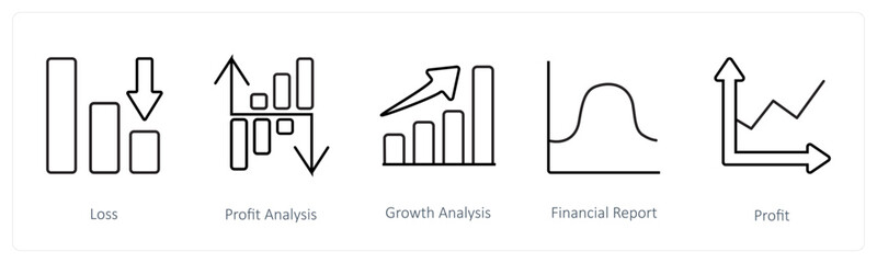 A set of 5 diagram and report icons such as loss, profit analysis