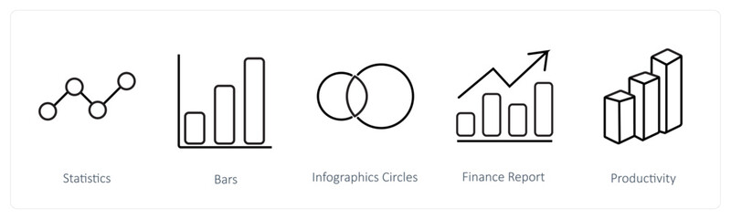 A set of 5 diagram and report icons such as statistics, bars, infographic circles