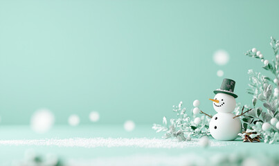 Cute snowman figurine with snowy branches on mint green background, winter holiday scene with bokeh and copy space