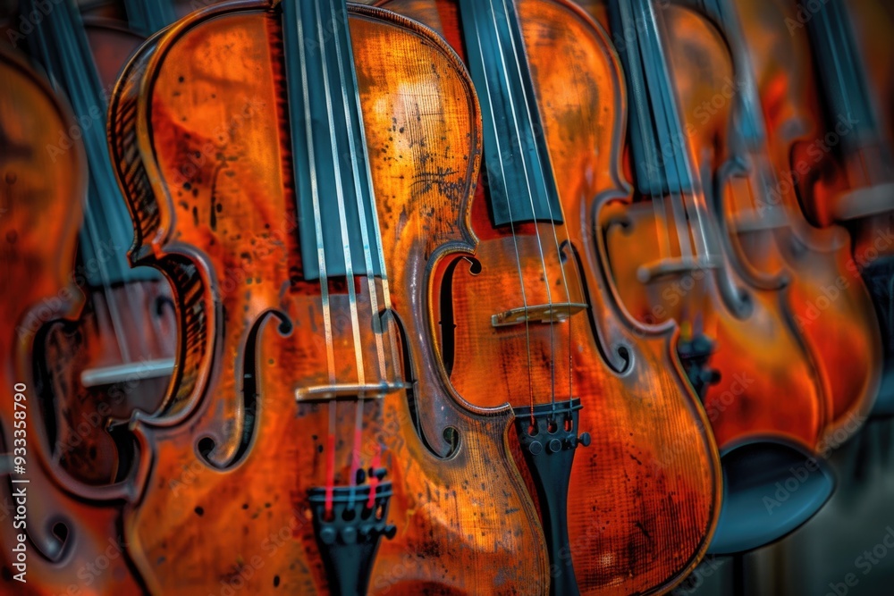 Poster A row of violin strings hanging on a wall, ready for use