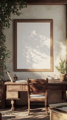 Cozy and traditional home office setting with a white background frame,featuring vintage-inspired decor,antique wooden furniture,and a productive,focused atmosphere.