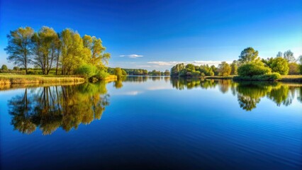 Fototapeta premium Tranquil landscape with a serene lake reflecting a clear blue sky , nature, water, reflection, peaceful, serene, scenic