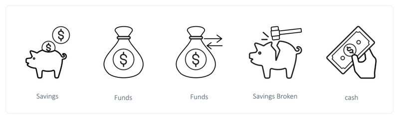 A set of 5 finance and money icons such as savings, funds, savings broken