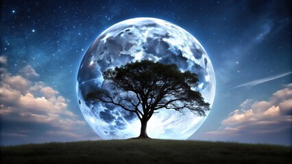 Naklejka premium Majestic tree silhouetted against a full moon in the night sky , nature, forest, sky, mystery, beauty, peaceful