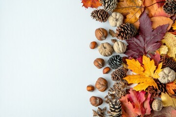 Obraz premium Autumnal Arrangement of Leaves, Nuts, and Pinecones