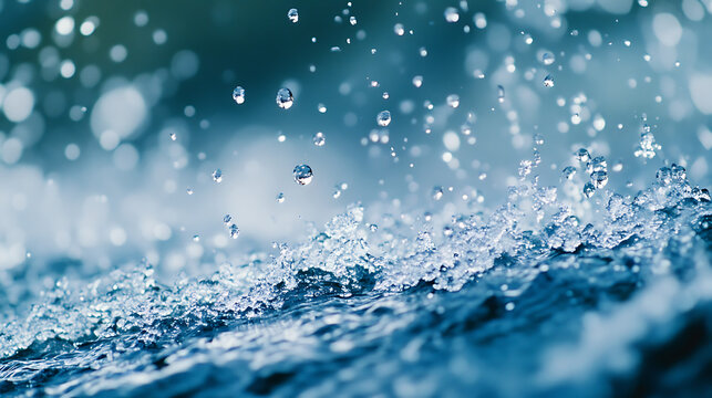 Close-up of water rushing over the edge of a waterfall, with droplets captured in mid-air against a backdrop of natural beauty 