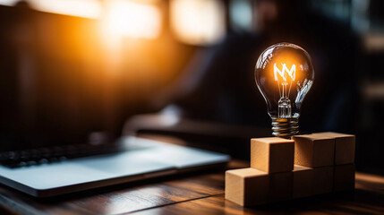 A light bulb illuminating a set of wooden blocks, with a prominent checkmark next to it, symbolizing the fruition of a successful concept
