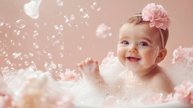 Gentle Hydration for Delicate Skin, a serene baby enjoying a bubble bath, soft dewy skin, warm ambiance in dusty rose, inviting and tranquil atmosphere, ample copy space available