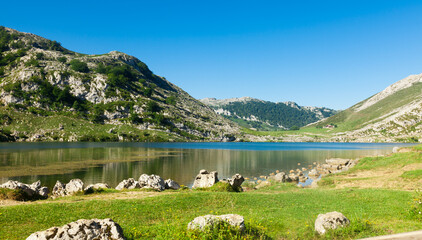 Views of the mountain lake of the national park peaks of europe