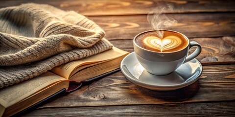 Steaming cup of coffee with heart latte art on rustic wooden table, book, and cozy sweater in background, coffee, latte art, heart