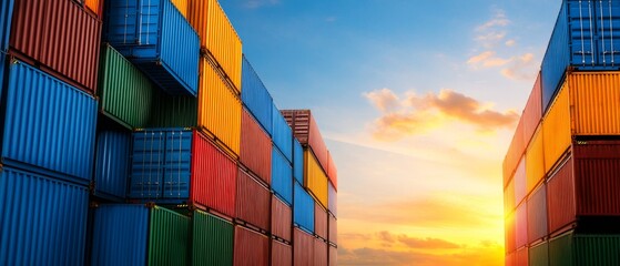 Fototapeta premium Colorful shipping containers stacked together against a vibrant sunset sky, showcasing industrial transportation and logistics.