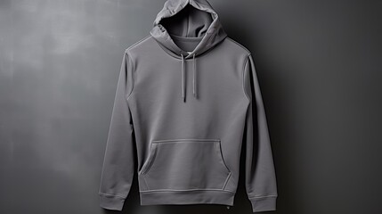 Dark grey hoodie mockup on mannequin against grey background for fashion apparel design showcase