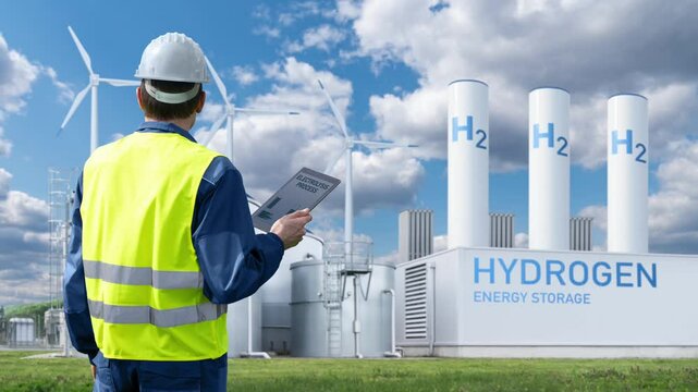 Engineer with tablet computer on a background of Hydrogen factory