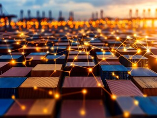 Fototapeta premium A stunning view of cargo containers illuminated by lights, showcasing modern logistics and global trade at a busy port.