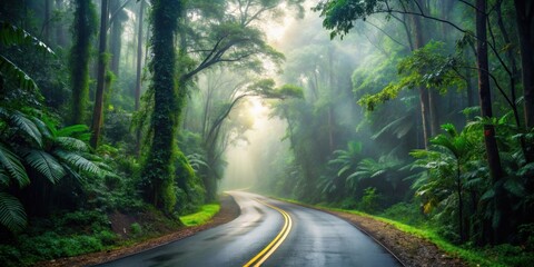 Obraz premium Misty road winding through rainforest, inspiring whispers of adventure, adventure, rainforest, road, misty