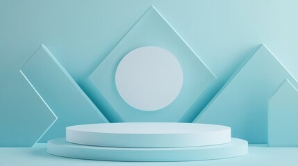 Turquoise and White Modern Cosmetic Showcase, sleek product display on a diamond-shaped matte white podium, vibrant turquoise backdrop enhances the elegant presentation.