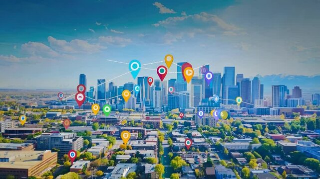 Urban Network: A vibrant cityscape with pinpoints, representing a bustling network of connections and possibilities, evoking a sense of global reach and technological advancement.  