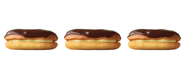 Éclair, each with a light and airy choux pastry shell, filled with creamy vanilla custard, and topped with a glossy chocolate glaze