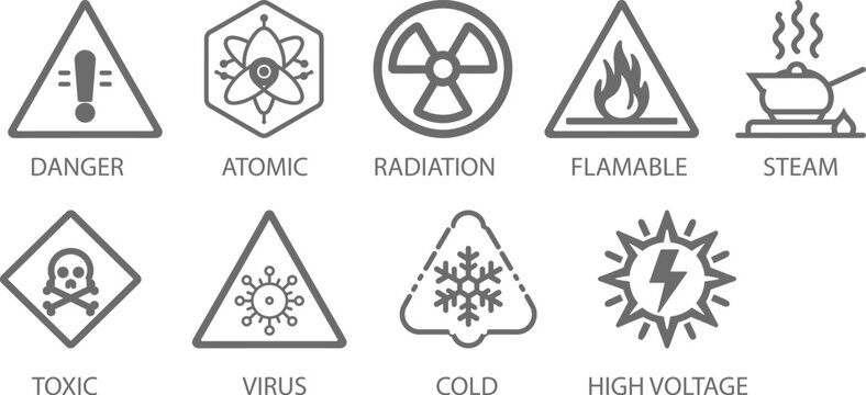 Warning Sign, Radiation, Flamable, Steam, Cold, Atomic, High Voltage, Virus, Danger