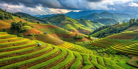 Naklejka premium Agricultural terraces on mountains in Chiangrai province, mountain, agriculture, farm, rural, landscape, crops, fields