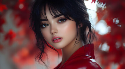 Fototapeta premium Close-up portrait of a beautiful young woman with long black hair, wearing a red leather jacket, looking at the camera.