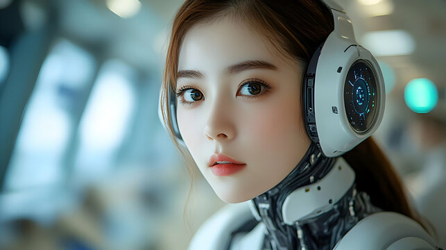 Close-up portrait of a female cyborg wearing headphones.