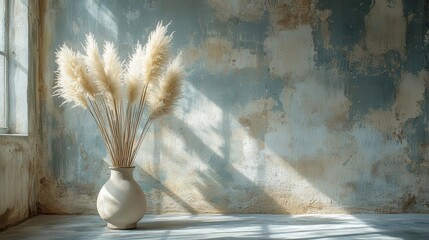 ethereal composition of neutraltoned pampas grass and reeds casting delicate shadows on textured wall evoking parisian elegance