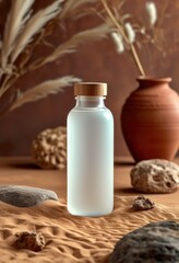 Serene glass bottle on sandy surface, surrounded by textured rocks, featuring natural elements and earthy tones, embodying simplicity and tranquility in a rustic setting.
