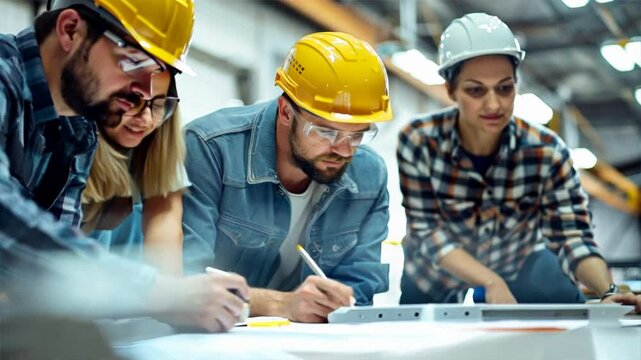 Three people wearing hard hats are working together on a project. They are all focused on the task at hand and seem to be collaborating effectively
