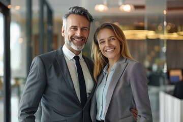 Professional office portrait of smiling business man and woman standing together.