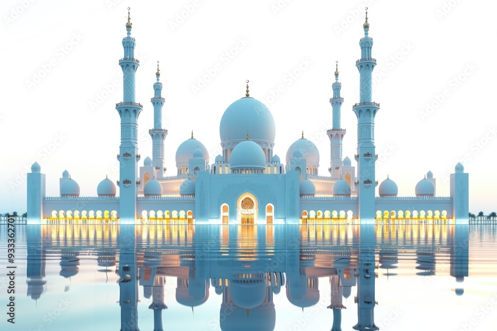 Poster A large white building sits on the shore of a calm lake, perfect for use as a background or in architectural designs
