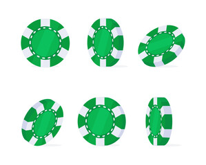 Six green poker chips rotating, showing all sides of the chips, for gambling or casino concepts