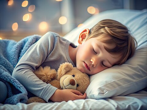 Adorable little boy peacefully sleeping on his side with a soft teddy bear beside him, surrounded by a serene and cozy bedtime atmosphere.