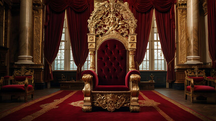a red chair with a gold frame and red curtains with candles on it.