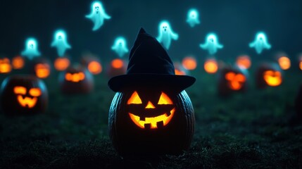 Ghostly Glowing Pumpkins: Eerie Haunted Pumpkin Patch with Swirling Spirits in Ultra HD with Copy Space for Text, Selective Focus