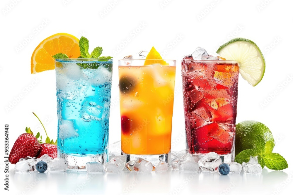 Poster a row of colorful drinks on ice, perfect for a party or event