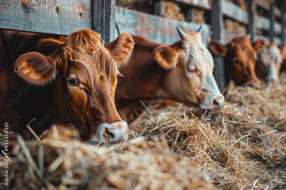 Poster A group of brown cows standing next to each other, likely grazing or resting in a field